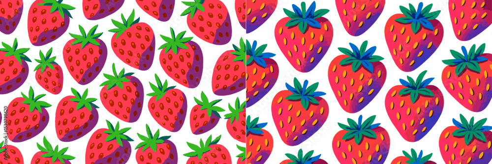 Poster Colorful repeating pattern of vibrant strawberries against a white background suitable for various design projects and textiles