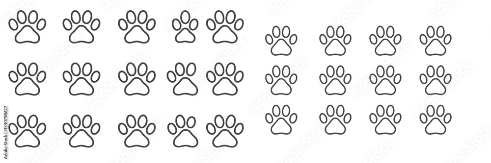 Poster multiple outlines of animal paw prints created for artistic or educational purposes in a simple and 