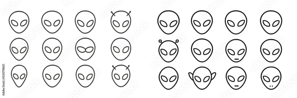 Poster collection of various alien illustrations showcasing different facial features and expressions in a 
