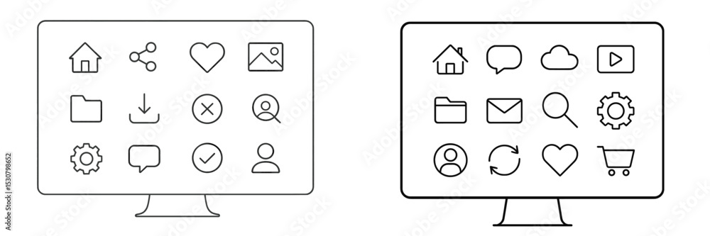 Leinwandbilder Line art depicting a collection of user interface icons displayed on computer screens at a workspace environment