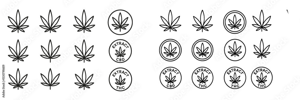 Poster Various cannabis leaf designs and extract logos displayed in a repetitive pattern for branding and artistic use