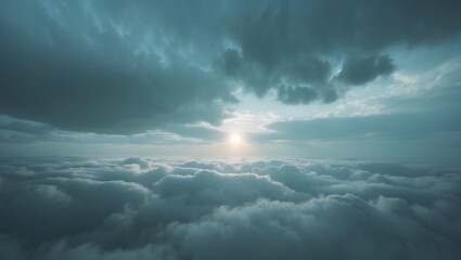 Obraz premium Stunning gray sky over the horizon, sun breaking through stormy clouds.