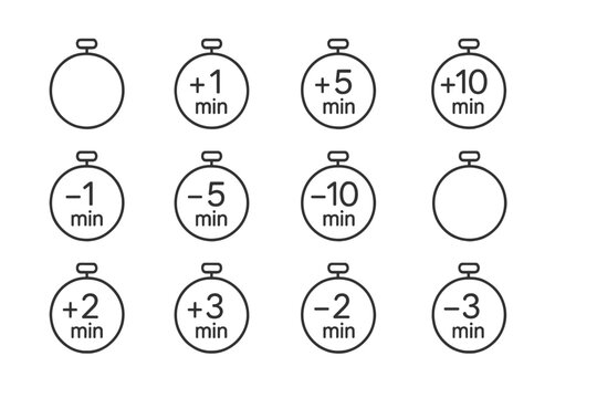 Clock icon set illustrating time adjustment options for various minute increments with a minimalist design