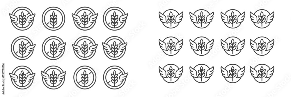 Poster Set of winged leaf logos in black outline design on a clean background showcasing versatility and creativity for branding