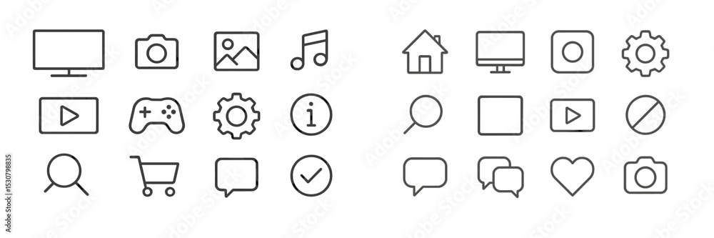 Fototapete Collection of minimalist icons representing various digital functions and activities on a light background