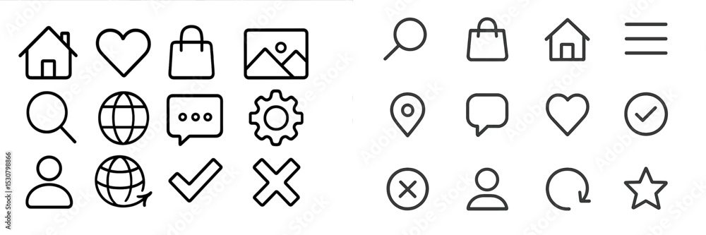 Poster Collection of minimalistic icons representing different themes and functions for user interface design