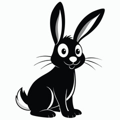 The stylized black bunny with large eyes and long ears is sitting up straight