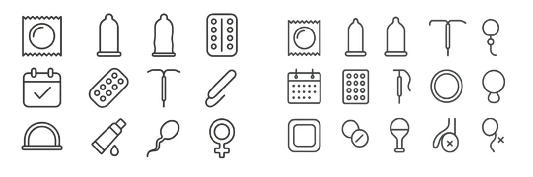 Collection of icons representing various forms of contraception and sexual health options displayed in a clean layout - Powered by Adobe