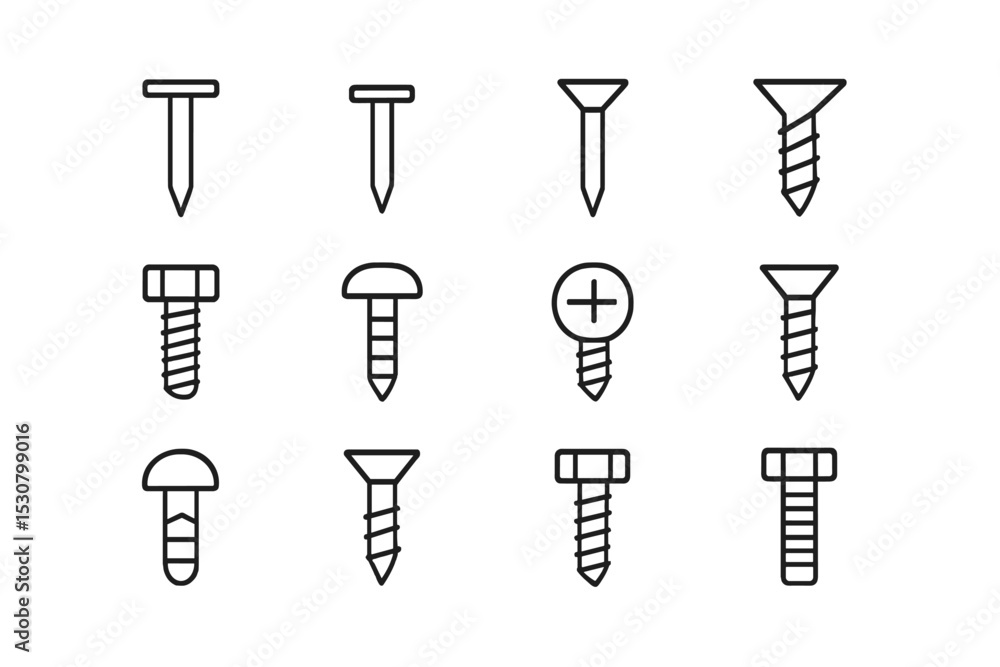 Poster Collection of various nail and screw illustrations displayed in a grid format for design and educational purposes