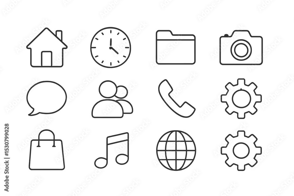 Poster simple line icons representing home, time, communication, and tools for digital projects and design