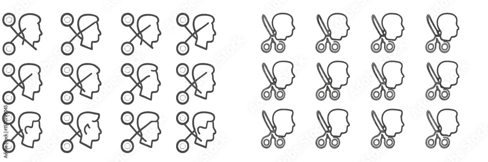 Poster iconic haircut symbols displayed in a structured pattern showcasing different styles and tools