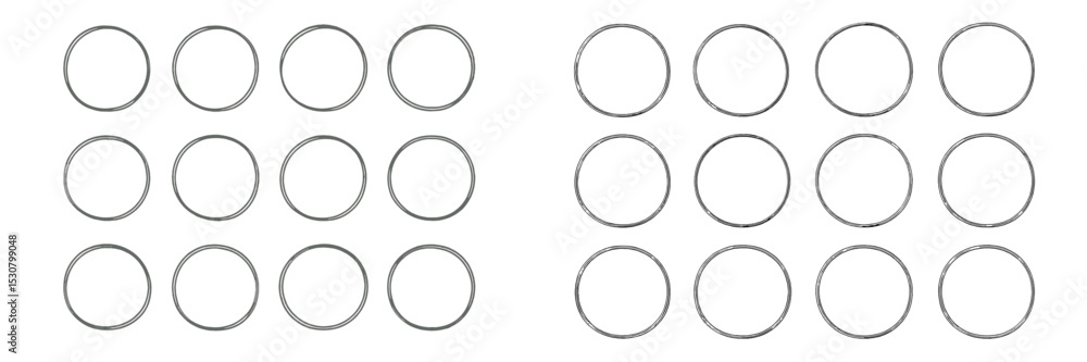 Poster multiple metal rings arranged in neat rows on a white background showcasing their simple, elegant de