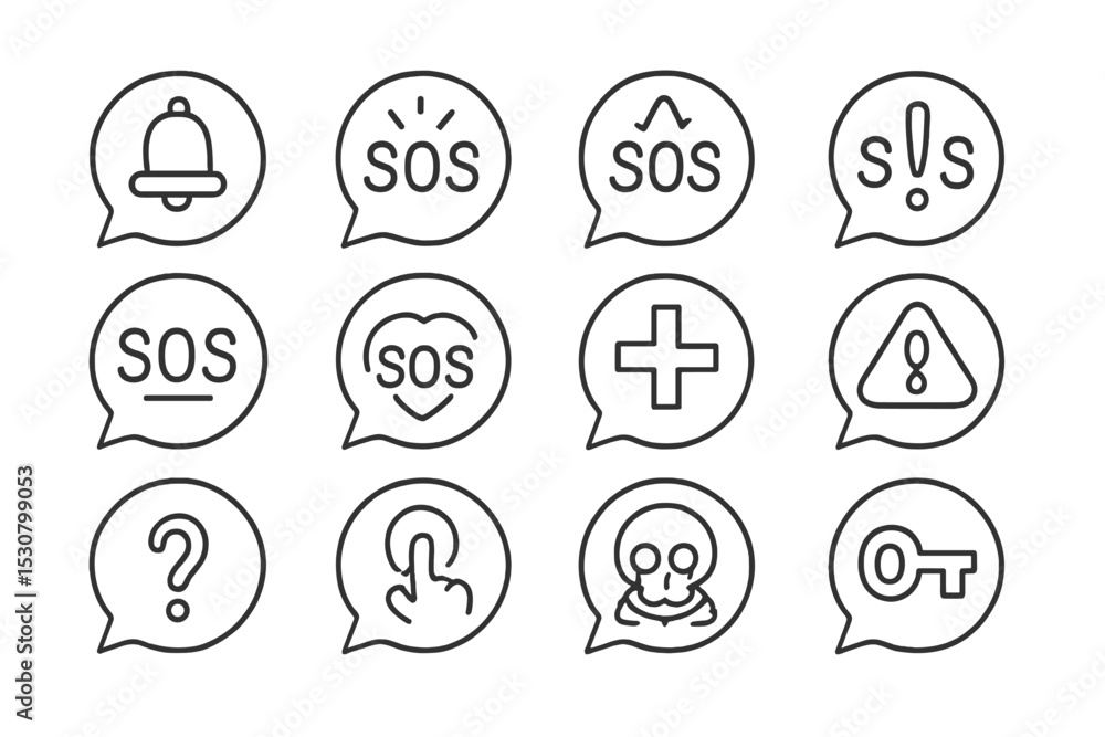 Poster Collection of SOS symbols and emergency icons displayed in a grid format on a light background
