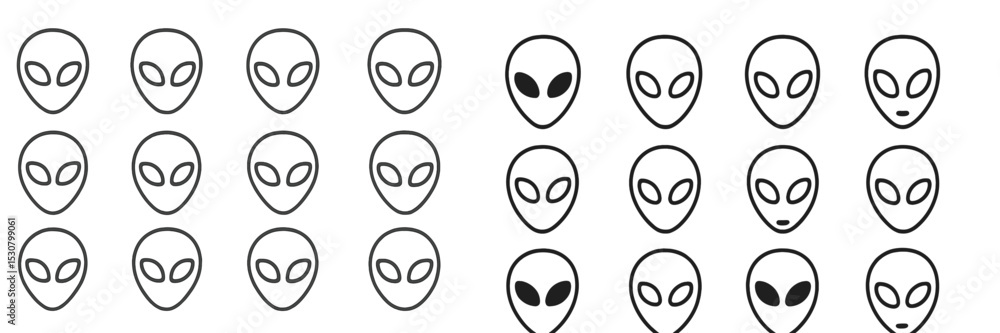 Poster Various alien face designs showcasing different expressions and features against a plain background