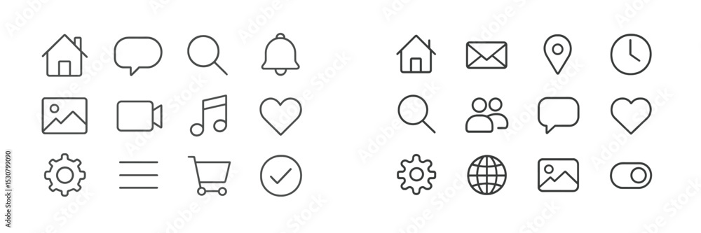 Fototapete Line icons representing various actions and functions commonly used in user interfaces for digital applications