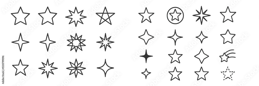 Poster various star shapes and designs displayed in a simple, black outline style on a white background for