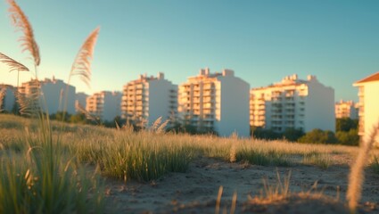 Fototapeta premium Common ragweed (Ambrosia artemisiifolia) flowering in the field adjacent to a residential complex.