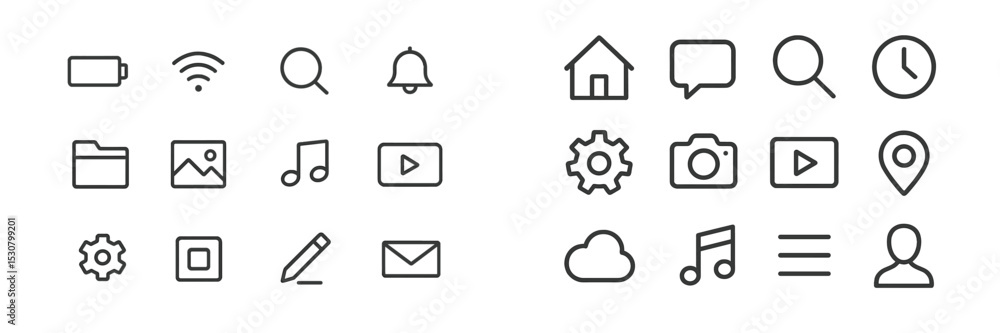 Poster Collection of various user interface icons featuring battery, notifications, and multimedia symbols in a clear layout