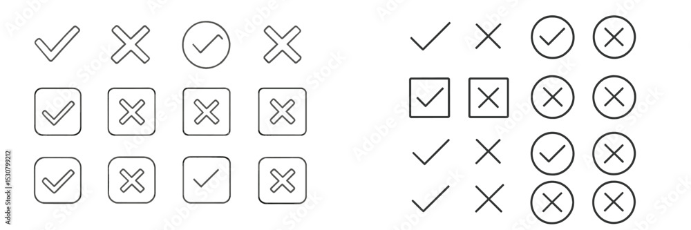 Aufkleber Checkmarks and Xs arranged in a grid on a plain background, illustrating a visual comparison of two different patterns