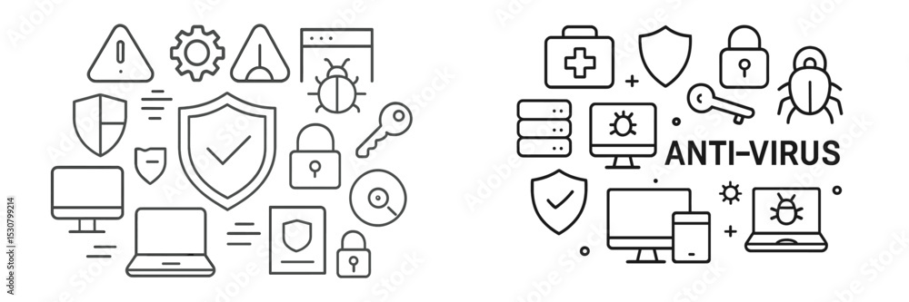 Aufkleber collection of cybersecurity icons illustrating anti-virus software and data protection measures on a