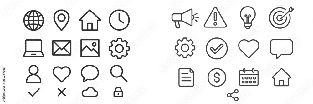 Poster Collection of simple line icons representing various concepts and activities for modern digital communication and planning