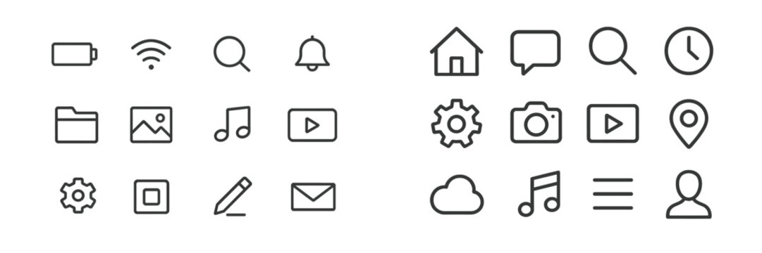Collection of various user interface icons featuring battery, notifications, and multimedia symbols in a clear layout