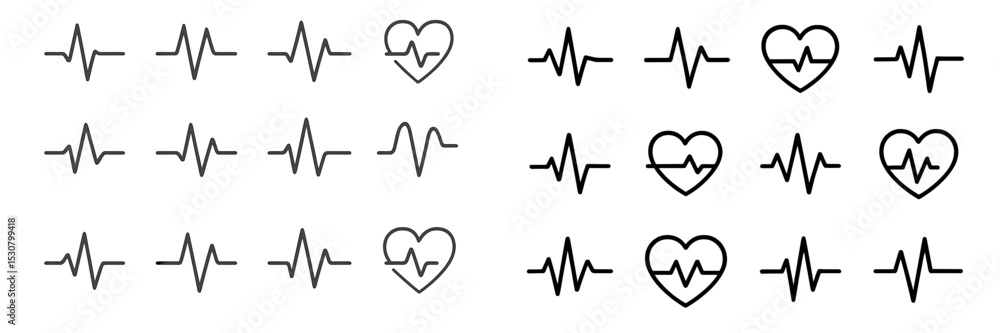 Poster heartbeat line designs showcasing various heart and pulse illustrations in a minimalist style for he