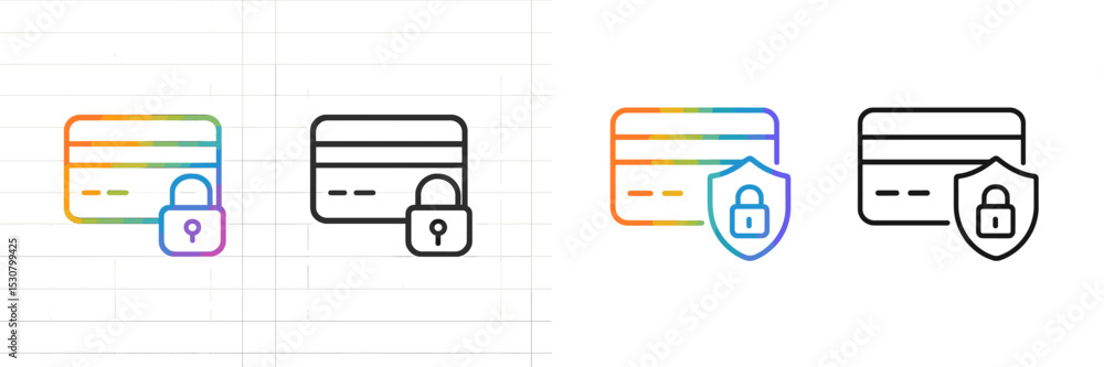 Poster Colorful and monochrome credit card icons with locks showcasing secure transactions and digital safety measures