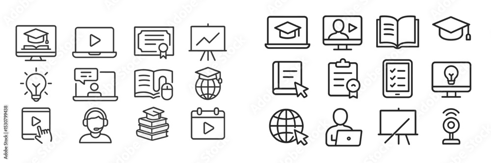 Poster digital education and online learning icons showcasing various aspects of modern knowledge acquisiti