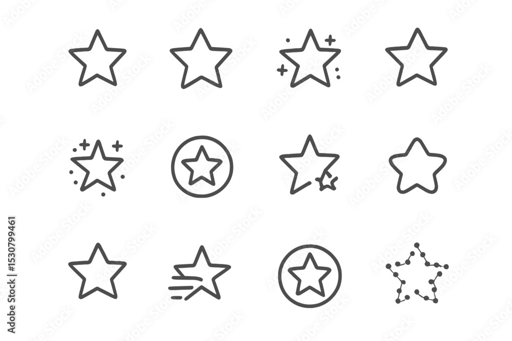 Poster variety of star icons in different designs showcasing unique shapes and embellishments on a plain ba
