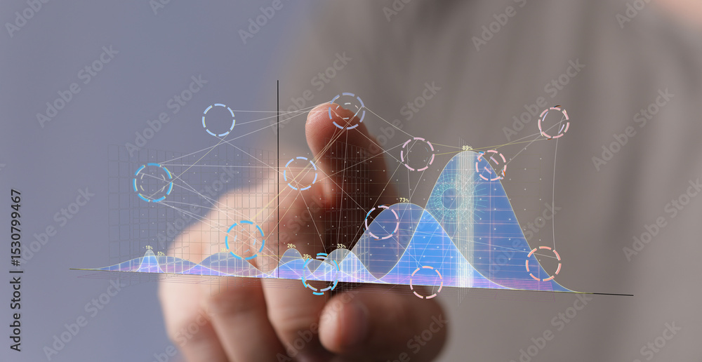 Poster a finger interacts with a holographic graph, showcasing data analysis and modern technology.