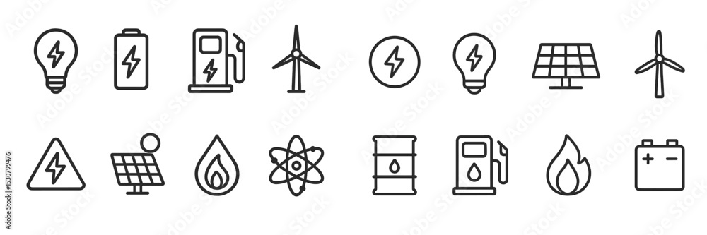 Poster energy symbols representing various sources such as solar, wind, and fossil fuels illustrated in a m