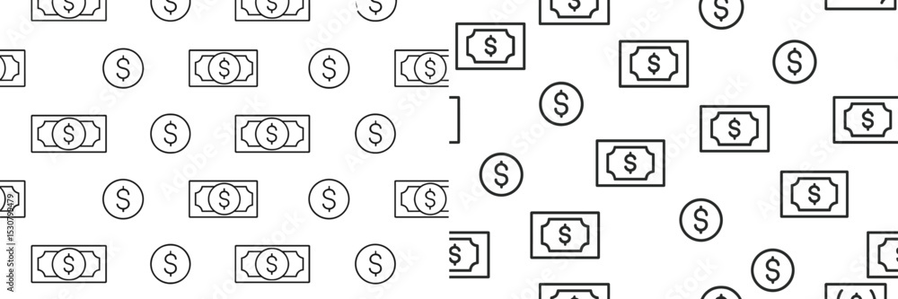 Poster patterns of dollar bills and coins in black and white showing economic themes and financial symbols 