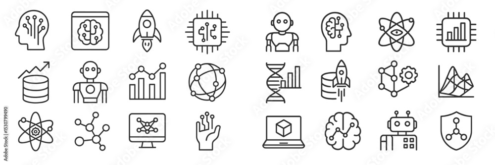 Poster Collection of technology and artificial intelligence icons with various corresponding symbols and themes