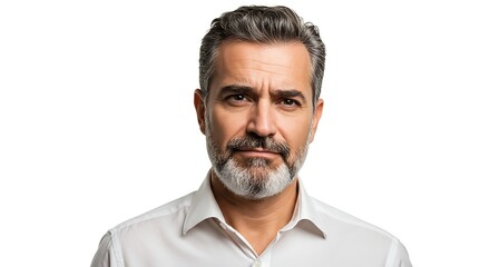 Fototapeta premium Serious Mature Man with Gray Beard Wearing White Shirt on White Background