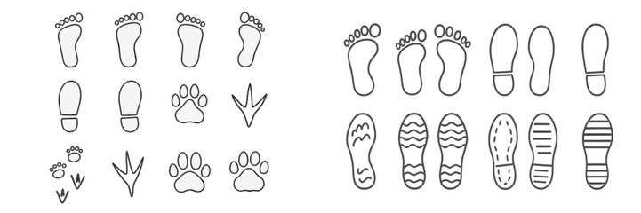 Obraz premium Various types of footprints and tracks represented in simple outlines across a white background