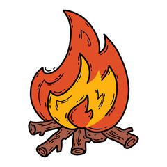 Vector linear hand drawn icon of a campfire with burning logs in doodle style.