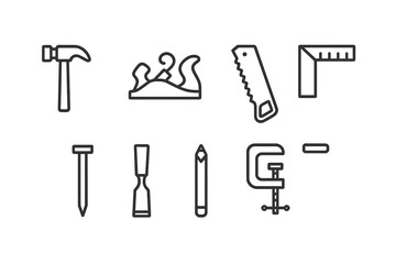 Tools for woodworking and construction are arranged neatly in a modern style for home improvement projects