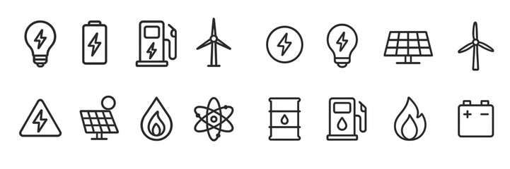 Energy symbols representing various sources such as solar, wind, and fossil fuels illustrated in a modern style