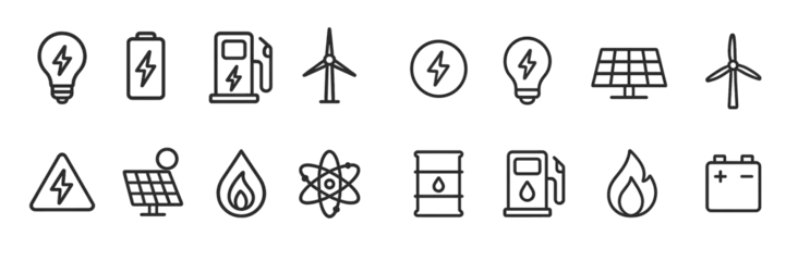 Fotobehang Energy symbols representing various sources such as solar, wind, and fossil fuels illustrated in a modern style © Zaleman