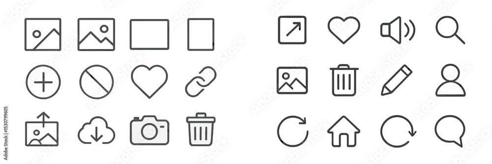 Aufkleber Collection of minimalist icons representing common digital actions and interface elements displayed in a grid layout