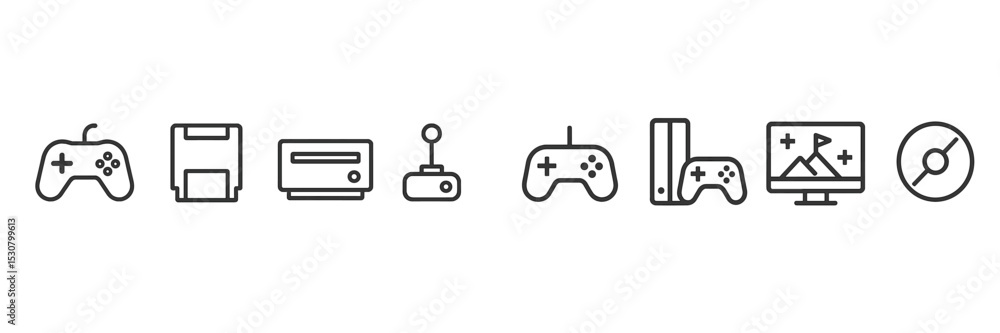 Poster collection of classic and modern gaming items displayed in a row showcasing evolution in video game 