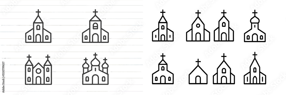 Aufkleber Stylized illustrations of various church designs with intricate details and different architectural elements in a clean layout