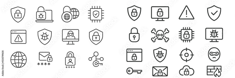 Poster collection of cybersecurity icons highlighting various aspects of online safety and protection from 
