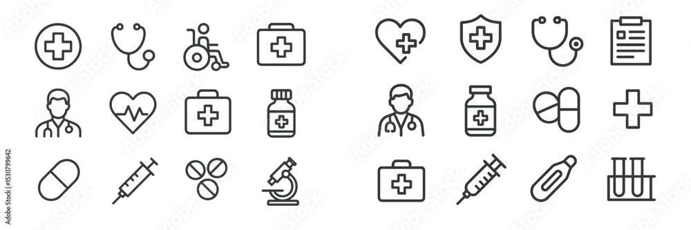 Poster health and medical icons representing various aspects of healthcare in a minimalistic design suitabl