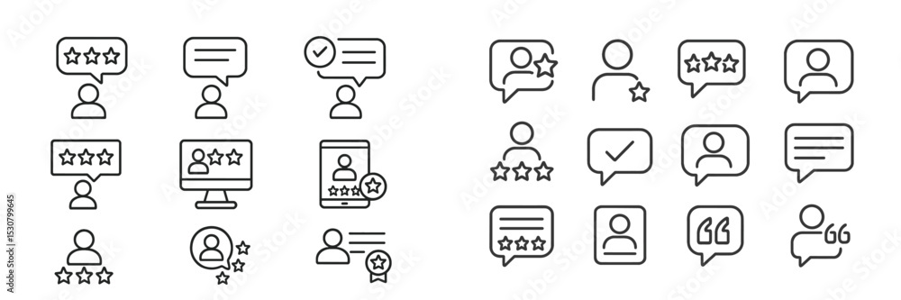 Poster icons depicting user reviews and ratings for digital platforms and services, showcasing various feed