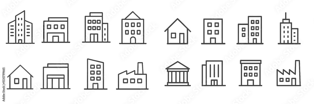 Poster Various building outlines displayed in a simple line art style showcasing urban architecture diversity