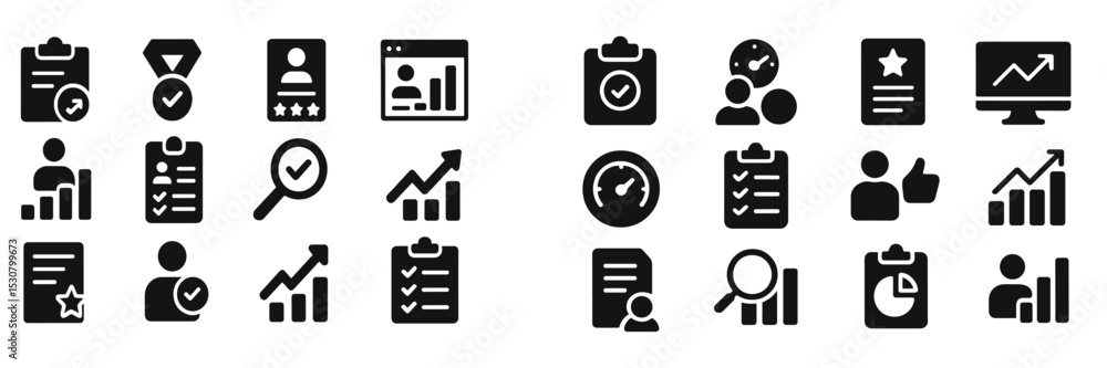 Aufkleber Various black and white icons representing teamwork, data analysis, and performance tracking in a modern workspace environment