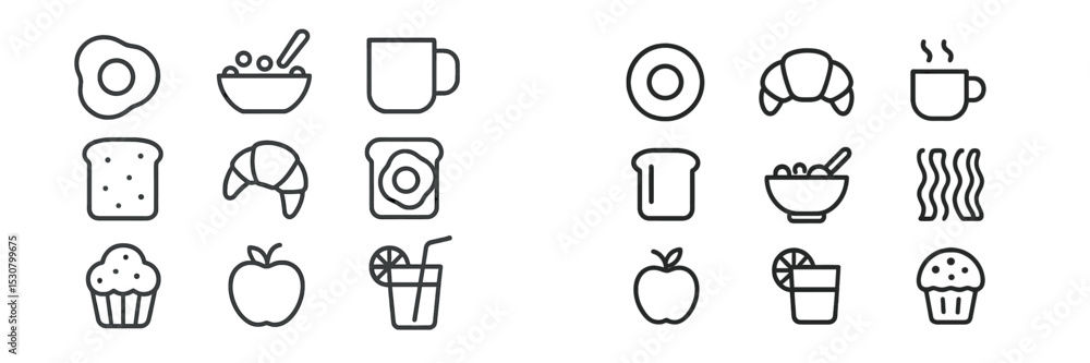 Poster Breakfast icons depicting various food and drink options in a minimalist design suitable for a modern menu or culinary project