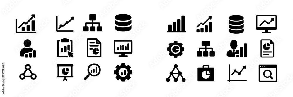 Poster black and white icons representing data analysis, charts, and business metrics commonly used in digi